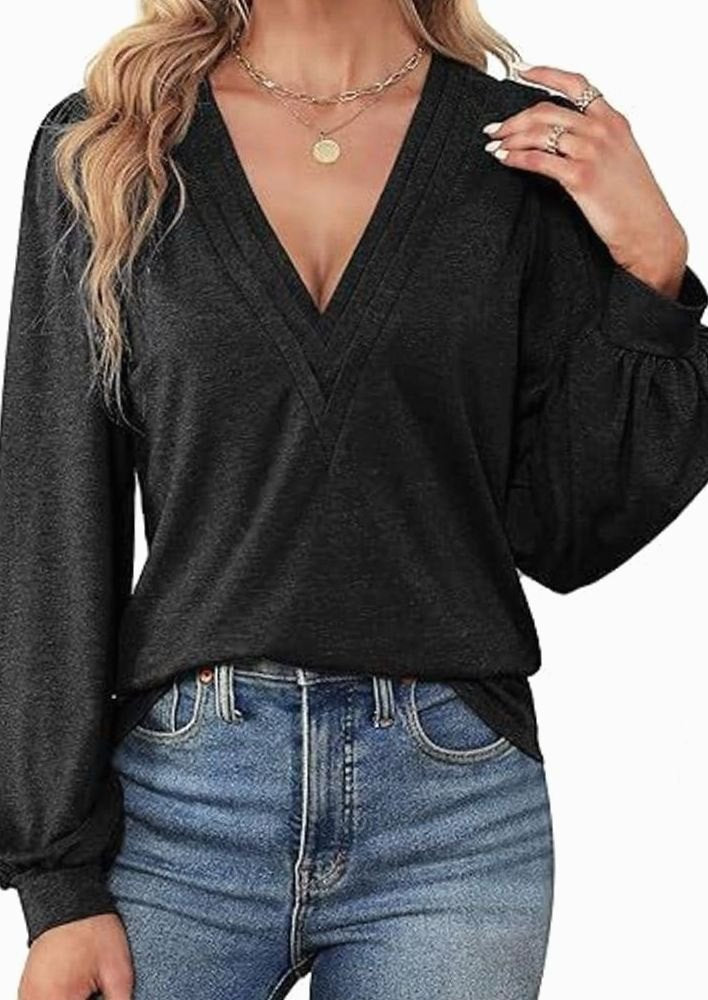Women's Deep V-Neck Wrap-Front Balloon Sleeve Blouse