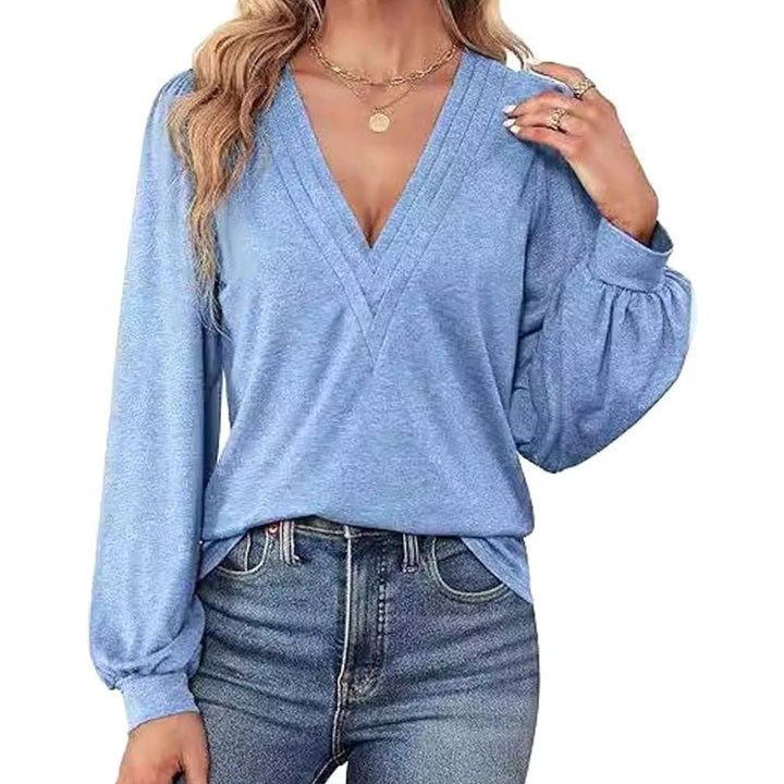 Women's Deep V-Neck Wrap-Front Balloon Sleeve Blouse