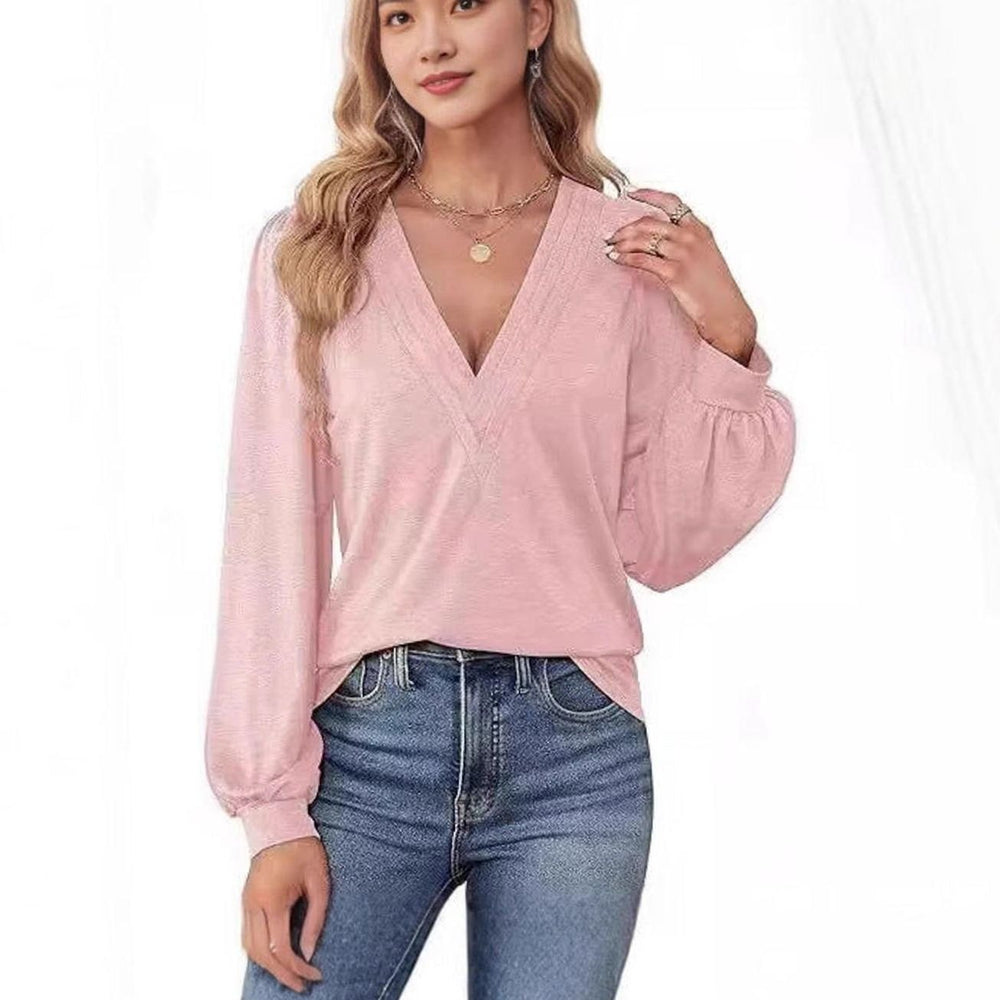 Women's Deep V-Neck Wrap-Front Balloon Sleeve Blouse, Pink
