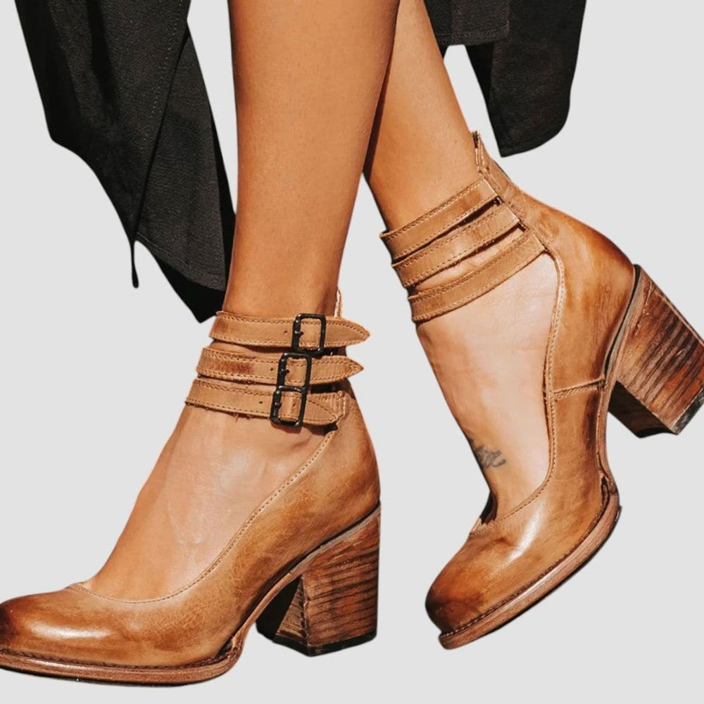 Women's Distressed Double-Buckle Ankle-Strap Block Heel Court Shoes - Brown