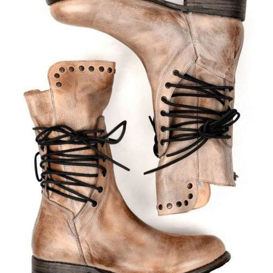 Women's Distressed Leather Lace-Up Mid-Calf Boots