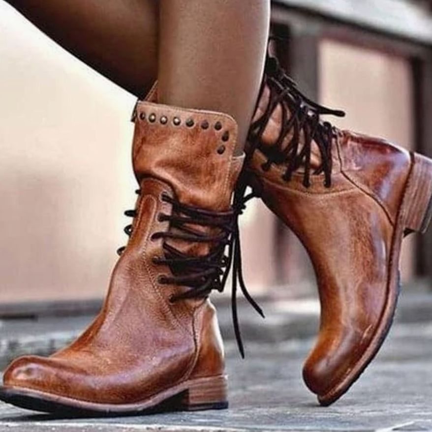 Women's Distressed Leather Lace-Up Mid-Calf Boots - Brown