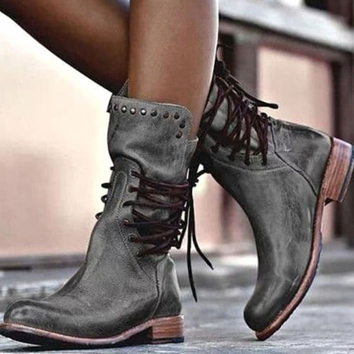 Women's Distressed Leather Lace-Up Mid-Calf Boots - Grey