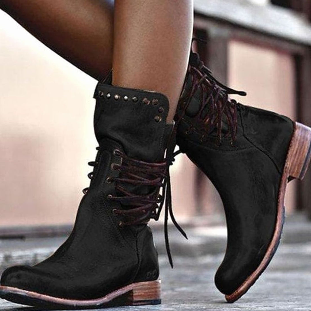 Women's Distressed Leather Lace-Up Mid-Calf Boots - Black