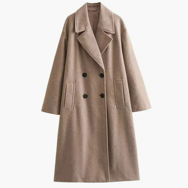 Women's Double-Breasted Long Wool-Blend Winter Coat - Khaki