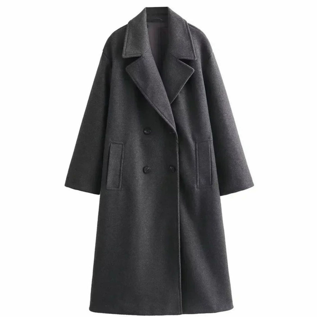 Women's Double-Breasted Long Wool-Blend Winter Coat - Grey