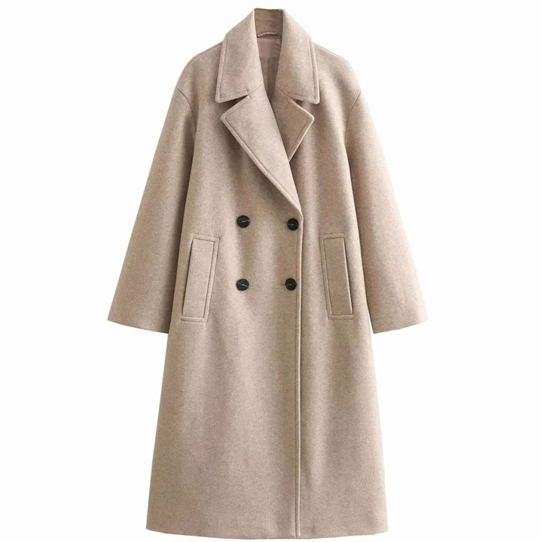 Women's Double-Breasted Long Wool-Blend Winter Coat - Light Khaki