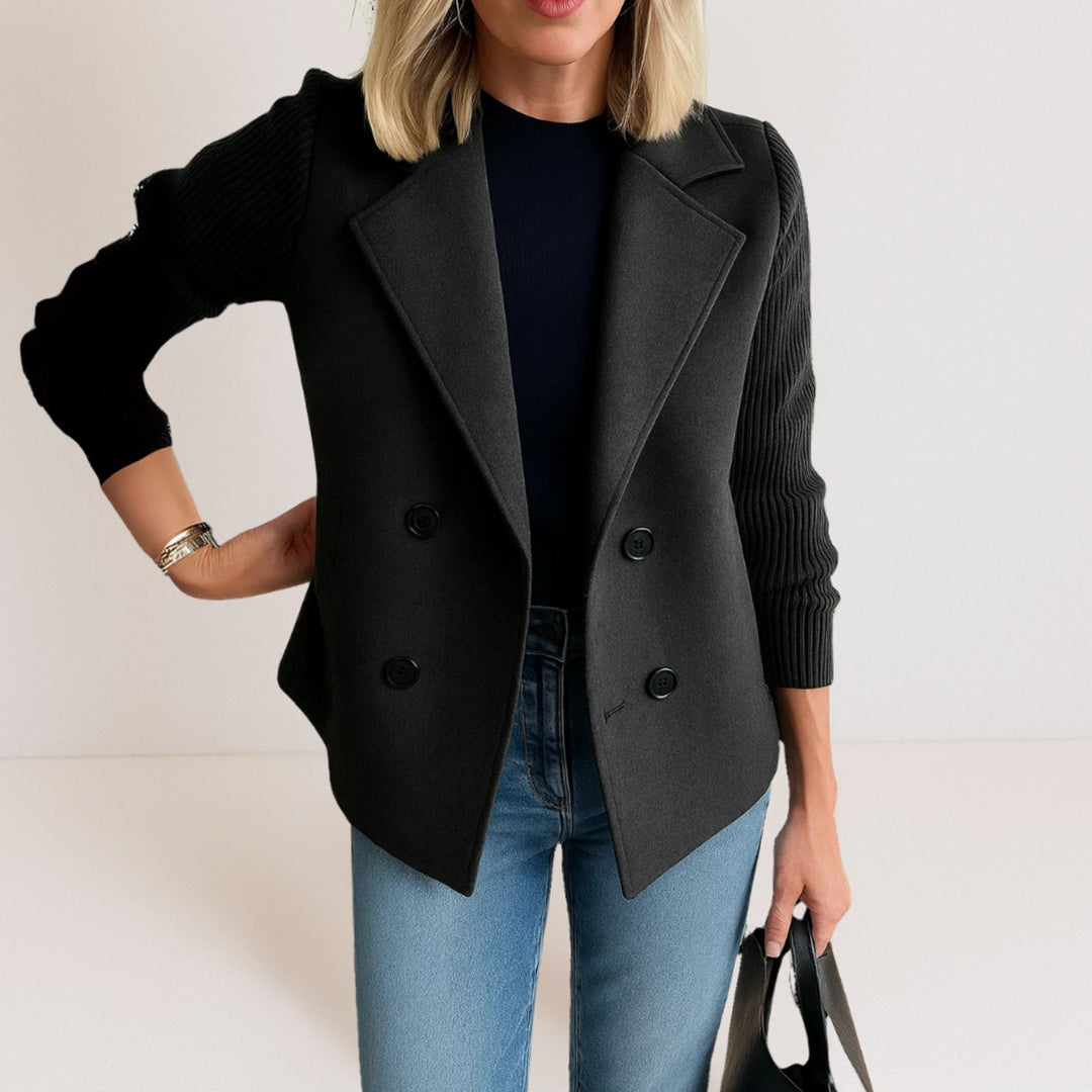 Women's Double-Breasted Notch-Lapel Wool-Look Blazer Coat - Black