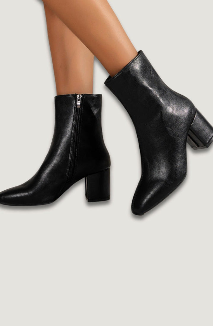 Women's Elegant Black Ankle Boots Block Heel Side Zip