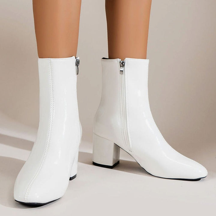 Women's Elegant Black Ankle Boots Block Heel Side Zip - White