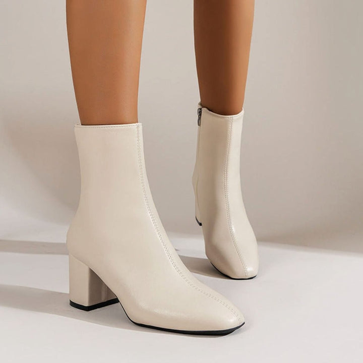 Women's Elegant Black Ankle Boots Block Heel Side Zip - Beige