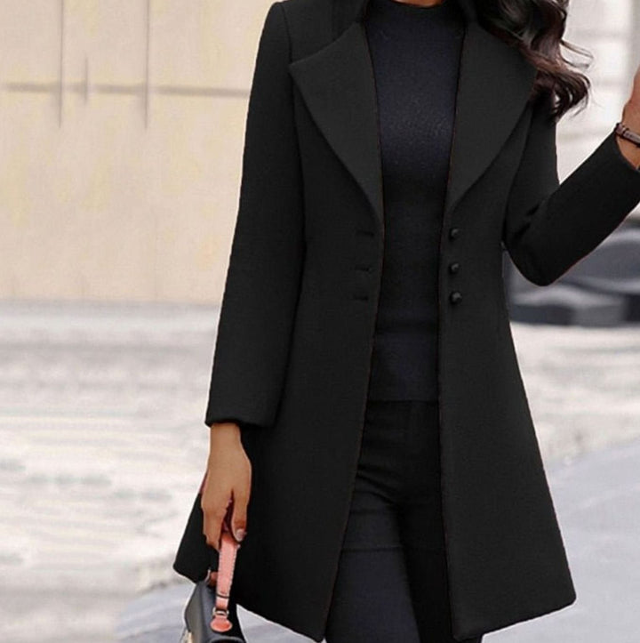 Women's Elegant Lapel Button-Front Longline Coat - Black