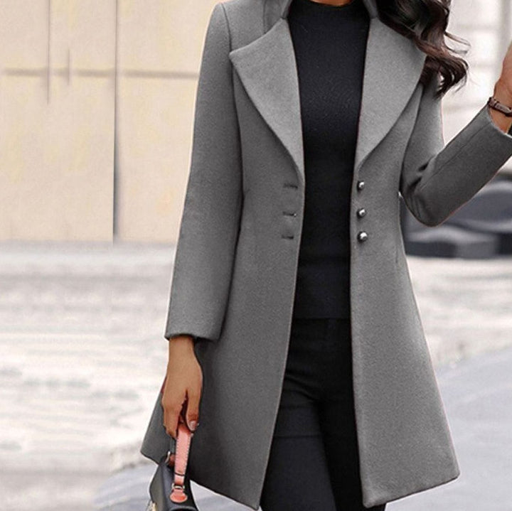 Women's Elegant Lapel Button-Front Longline Coat - Dark Grey