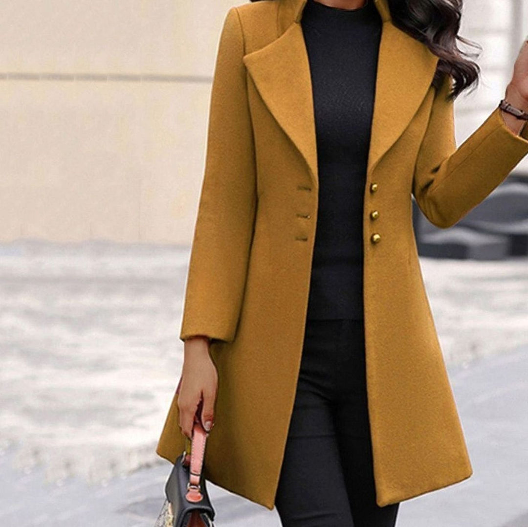 Women's Elegant Lapel Button-Front Longline Coat - Yellow