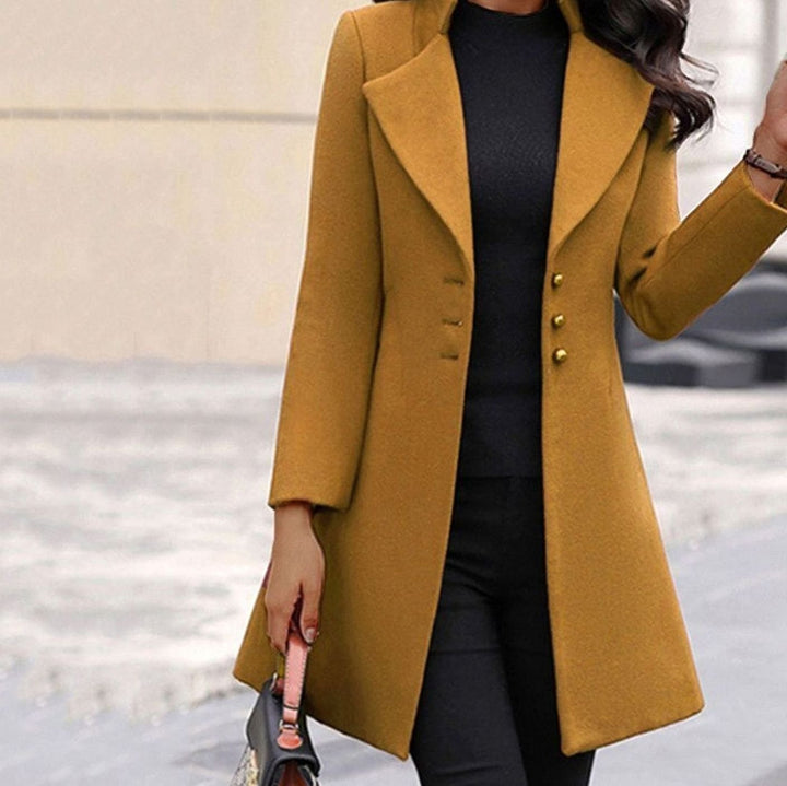Women's Elegant Lapel Button-Front Longline Coat - Yellow