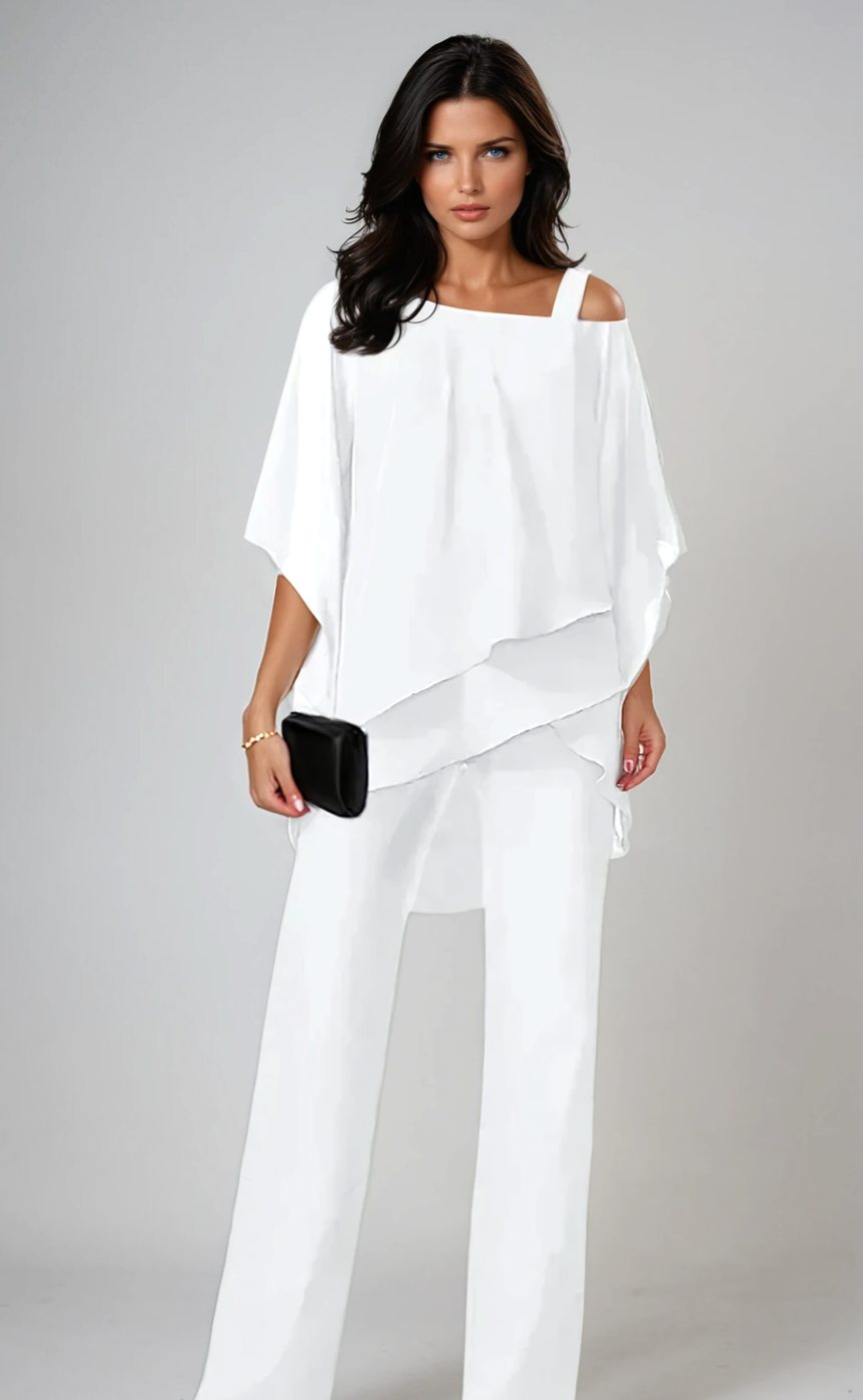 Women's Elegant Layered Chiffon Wide-Leg Trouser Set - White