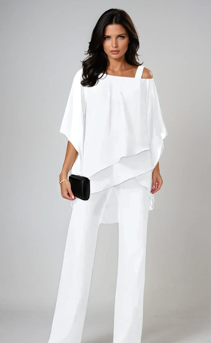 Women's Elegant Layered Chiffon Wide-Leg Trouser Set - White