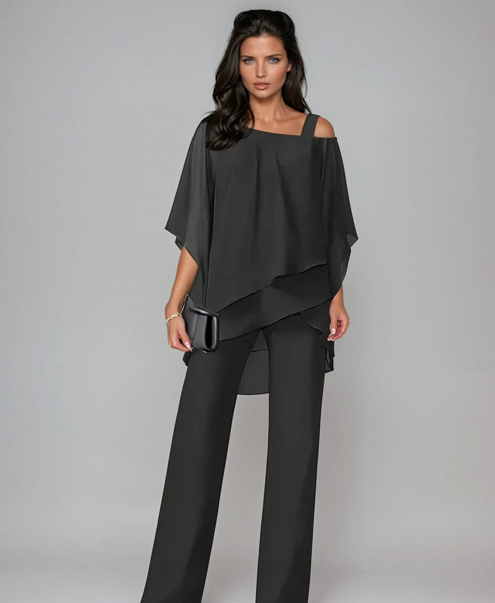Women's Elegant Layered Chiffon Wide-Leg Trouser Set - Black