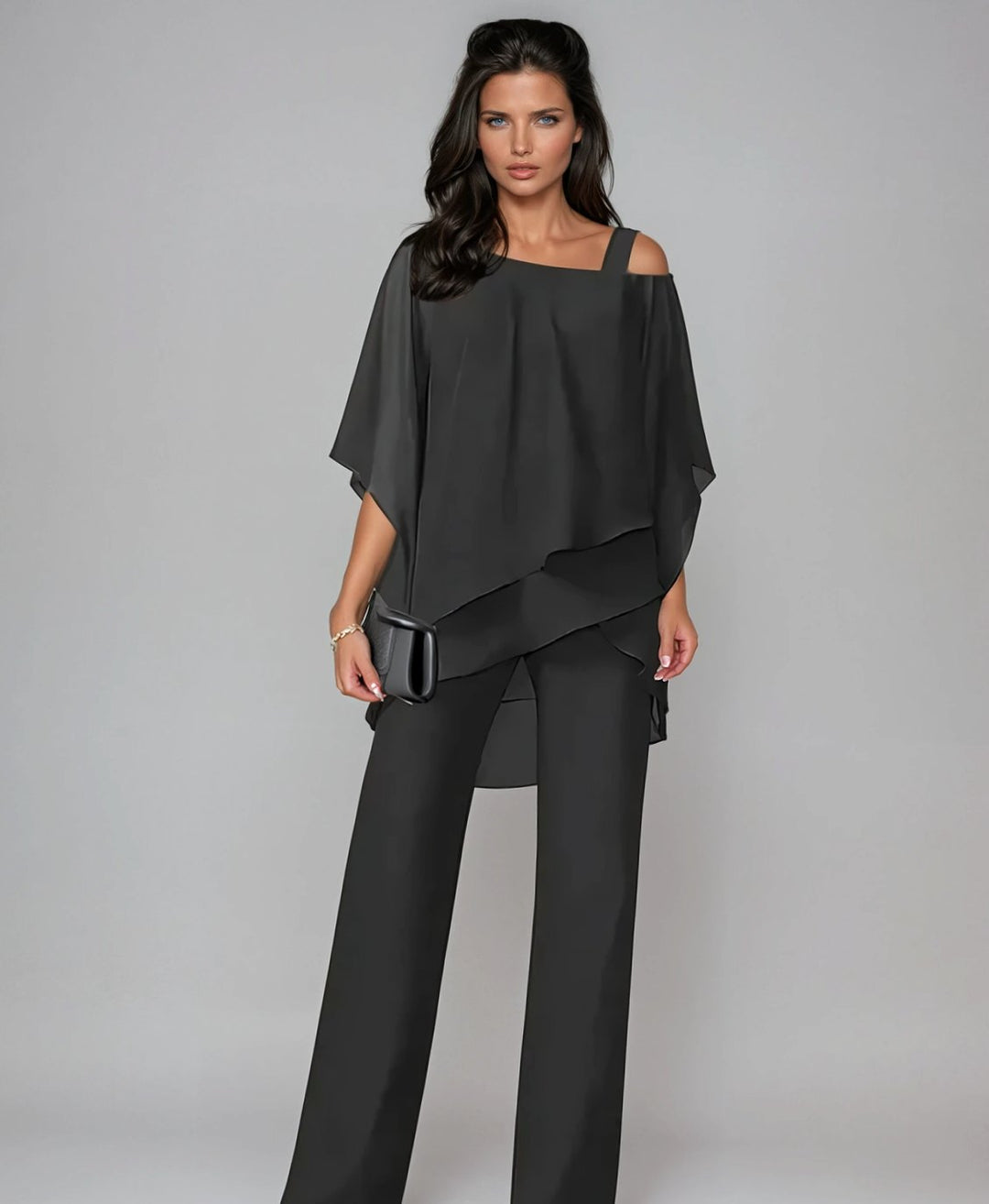 Women's Elegant Layered Chiffon Wide-Leg Trouser Set - Black