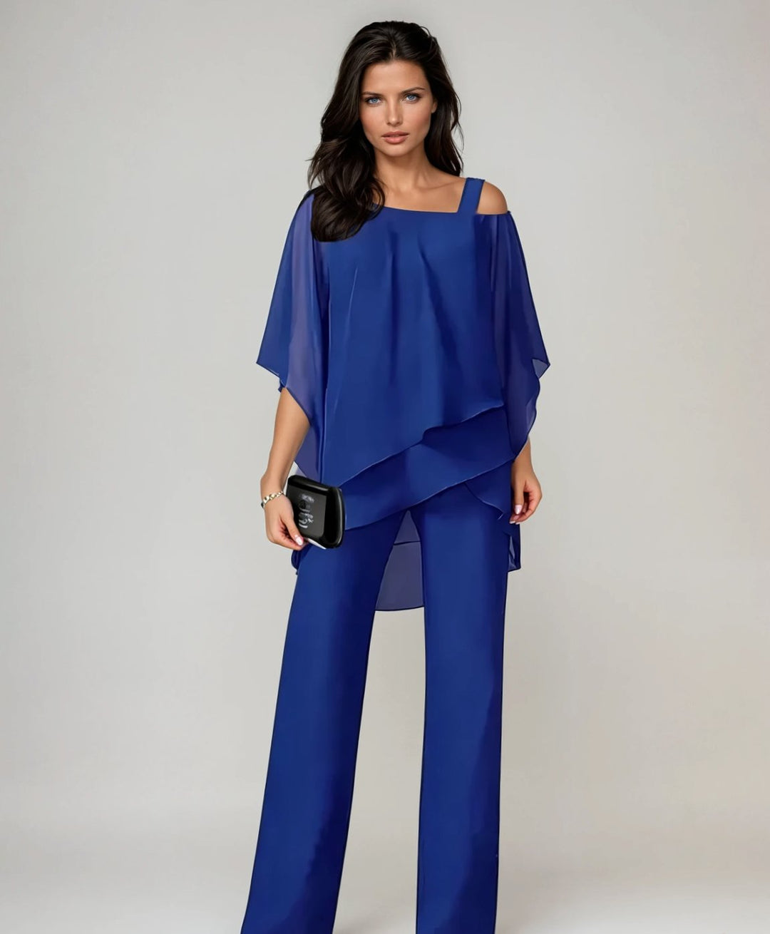 Women's Elegant Layered Chiffon Wide-Leg Trouser Set - Blue