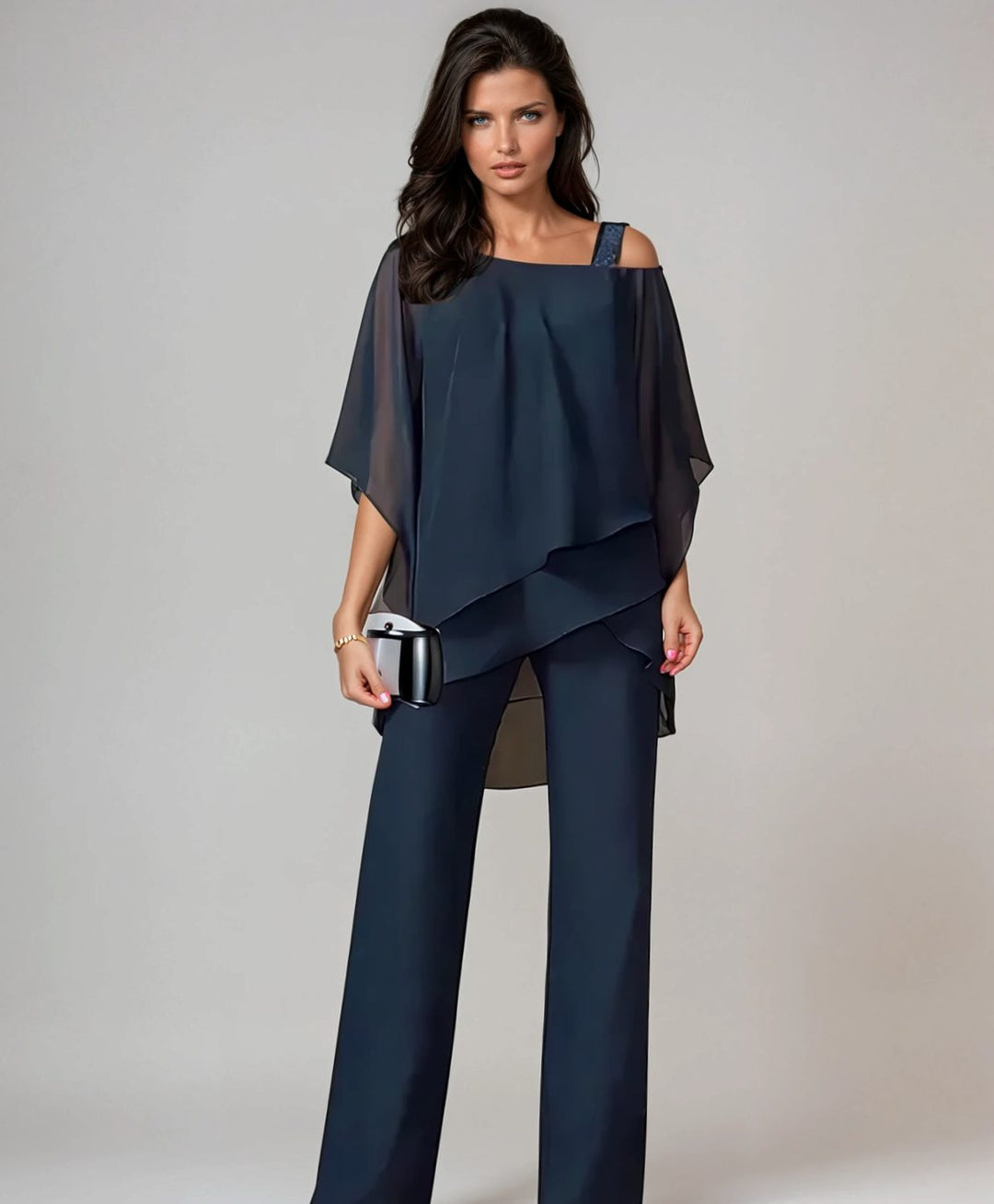 Women's Elegant Layered Chiffon Wide-Leg Trouser Set - Navy Blue