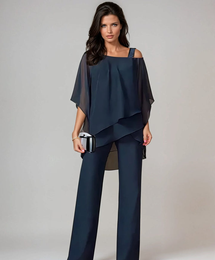 Women's Elegant Layered Chiffon Wide-Leg Trouser Set - Navy Blue