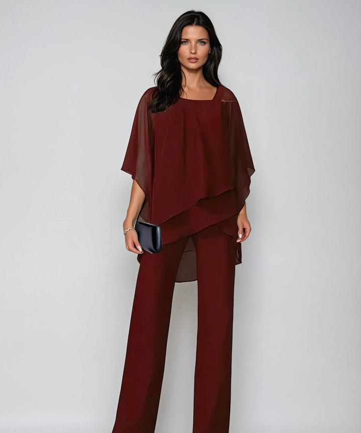 Women's Elegant Layered Chiffon Wide-Leg Trouser Set - Red