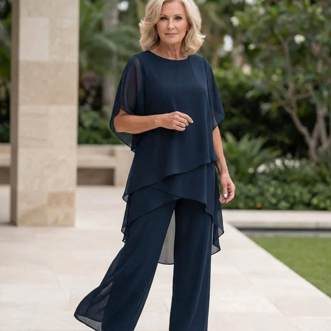 Women's Elegant Tiered Chiffon Palazzo Trousers Set - Blue