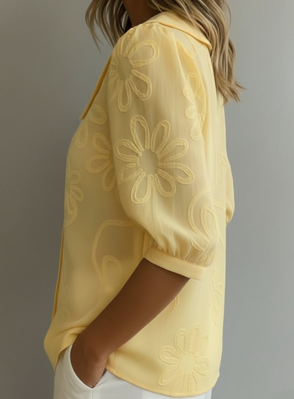 Women's Embroidered Floral Peter Pan Collar Button-Down Blouse