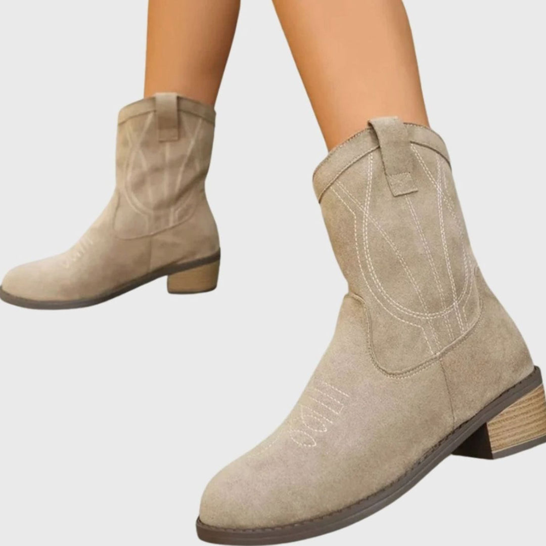 Women's Embroidered Western Ankle Boots Block Heel Suede