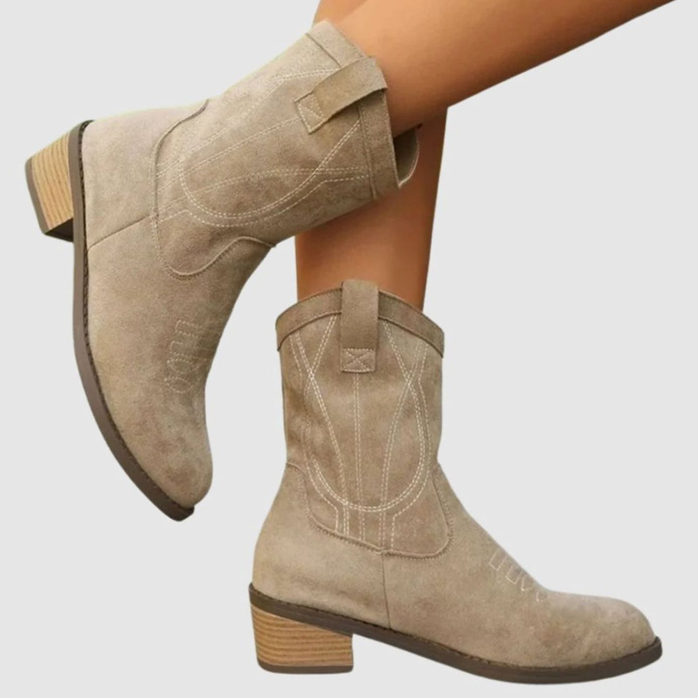 Women's Embroidered Western Ankle Boots Block Heel Suede - Beige