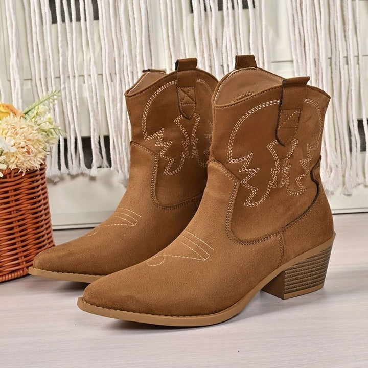 Women's Embroidered Western Cowboy Ankle Boots Block Heel - Light Brown