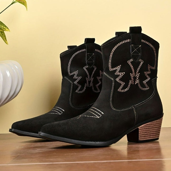 Women's Embroidered Western Cowboy Ankle Boots Block Heel - Black