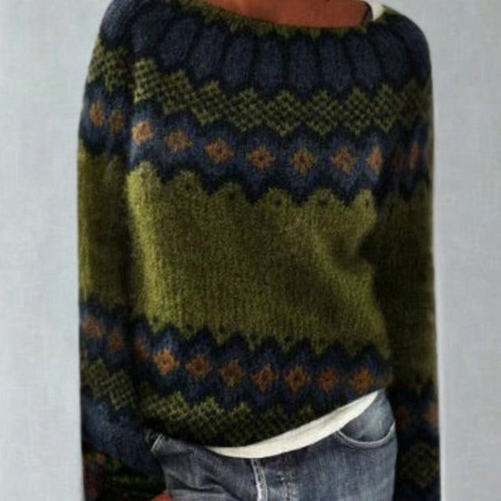 Women's Fair Isle Knit Vintage-Inspired Round-Neck Jumper - Green