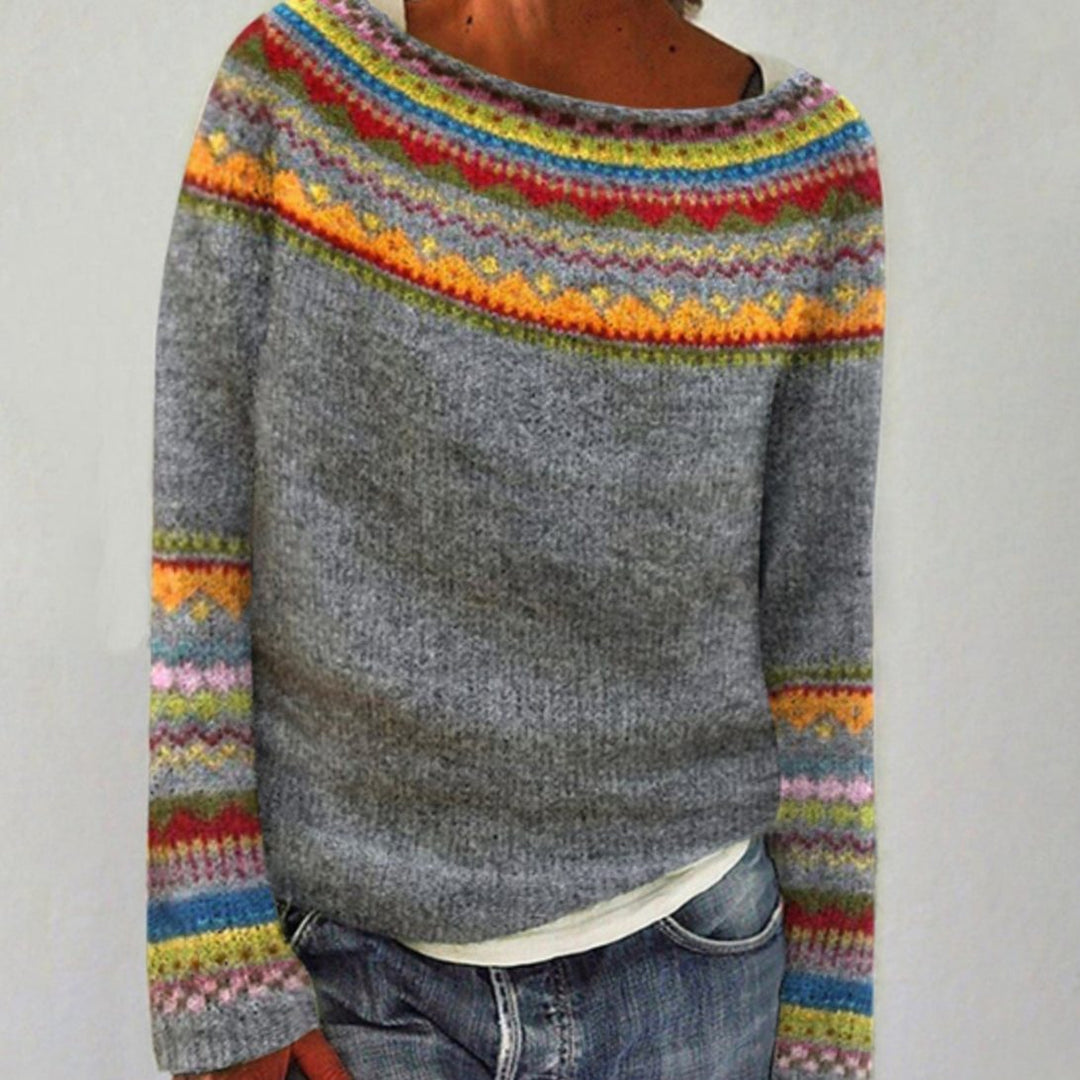 Women's Fair Isle Knit Vintage-Inspired Round-Neck Jumper - Grey Orange