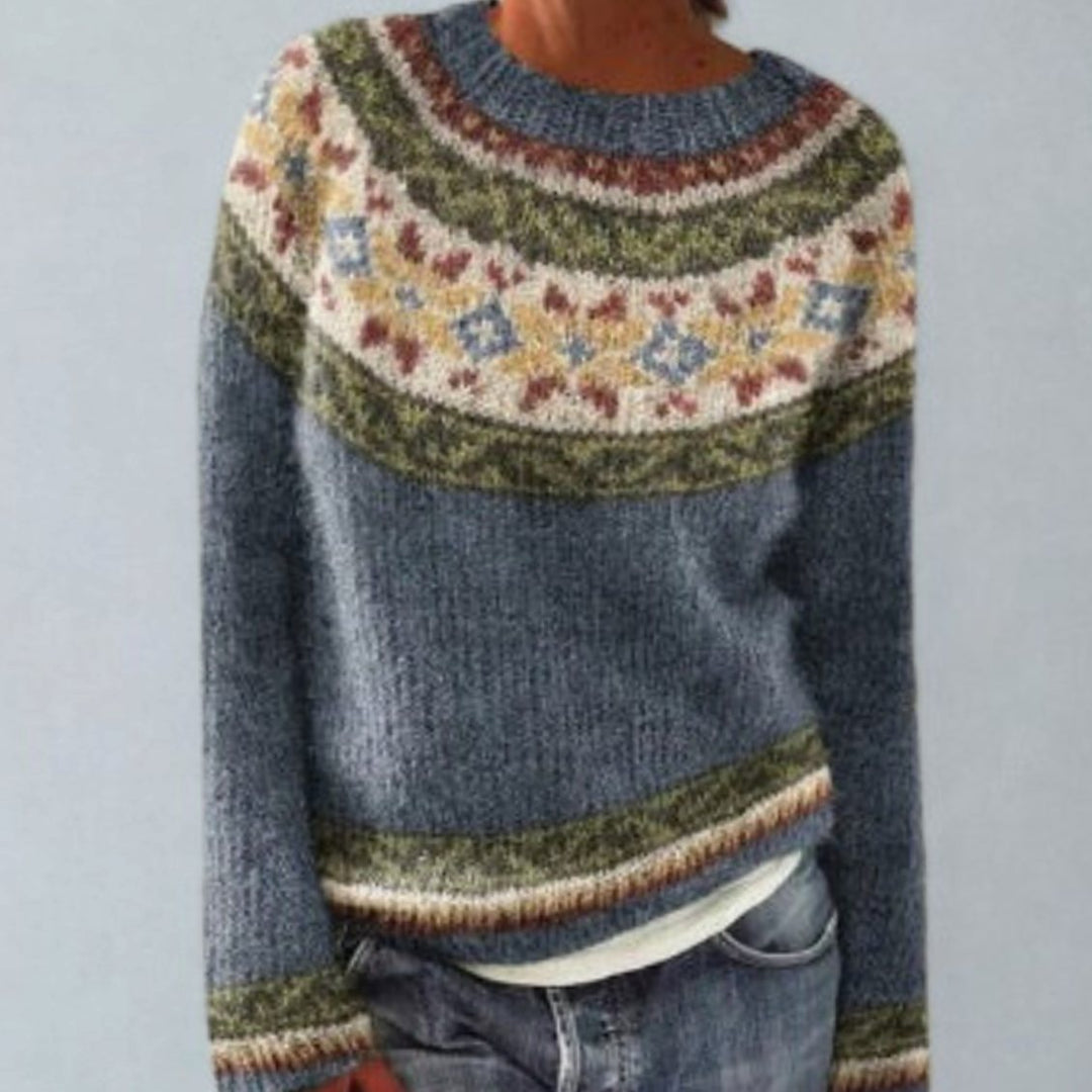 Women's Fair Isle Knit Vintage-Inspired Round-Neck Jumper - Blue