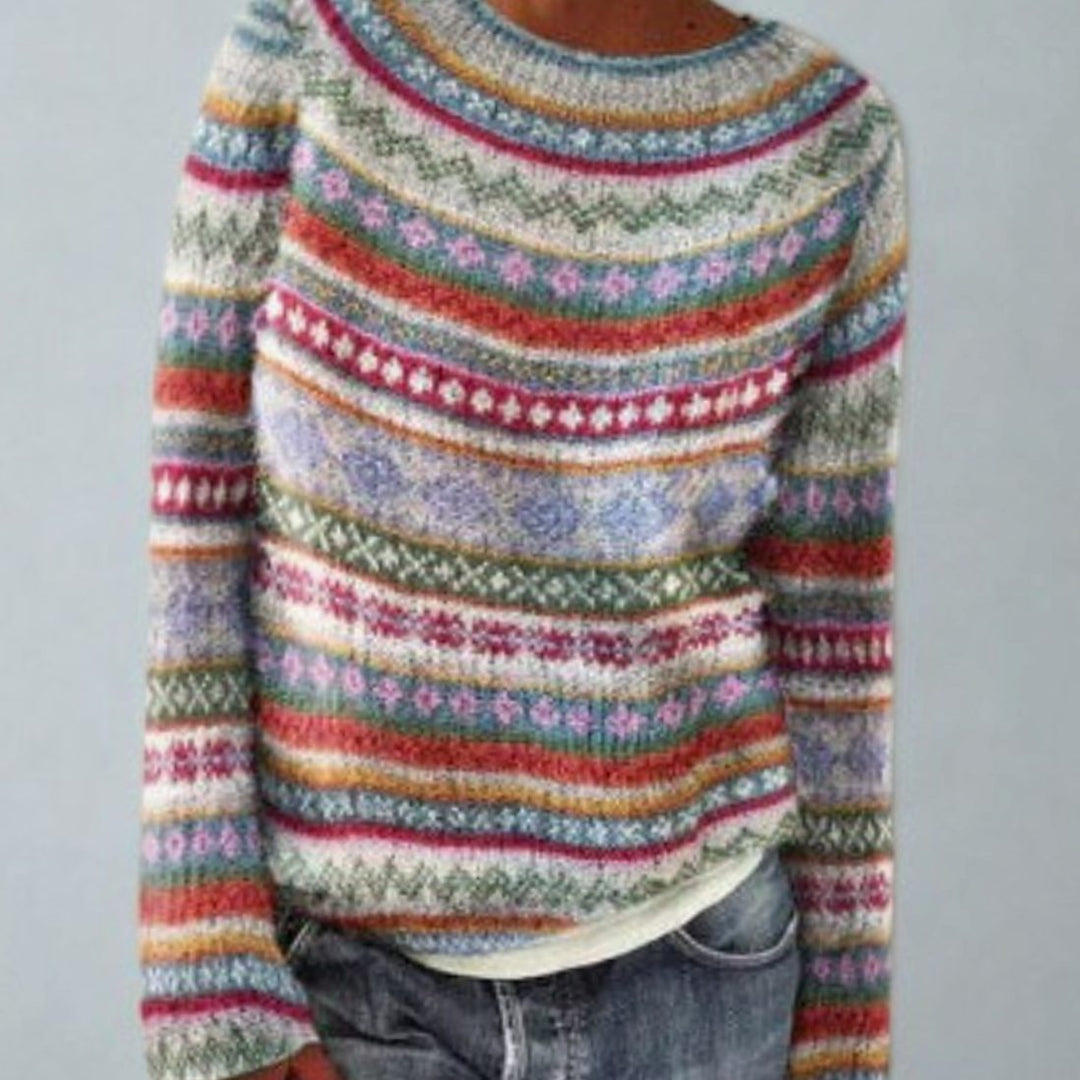 Women's Fair Isle Knit Vintage-Inspired Round-Neck Jumper - Multi-Colour