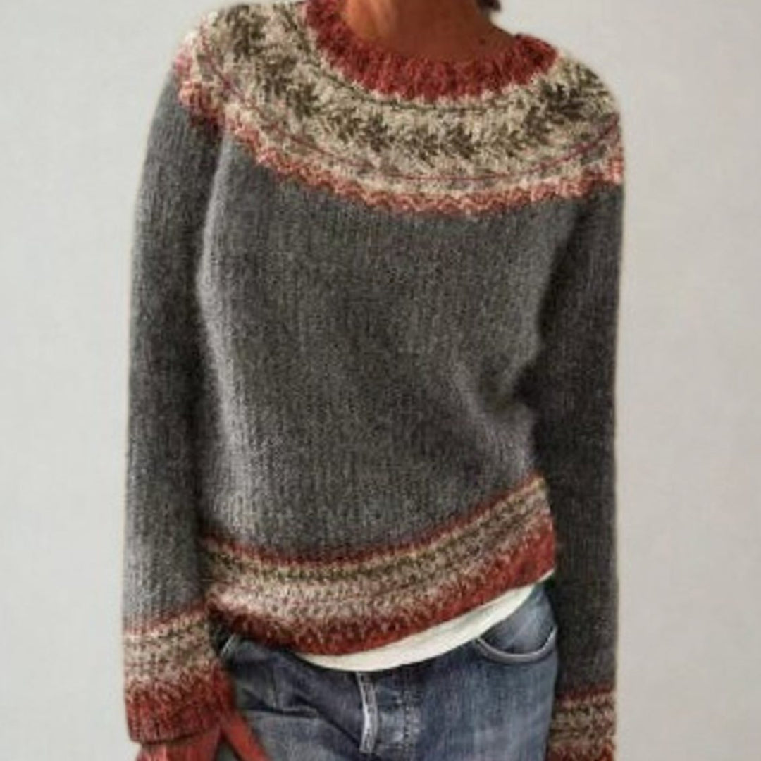 Women's Fair Isle Knit Vintage-Inspired Round-Neck Jumper - Grey