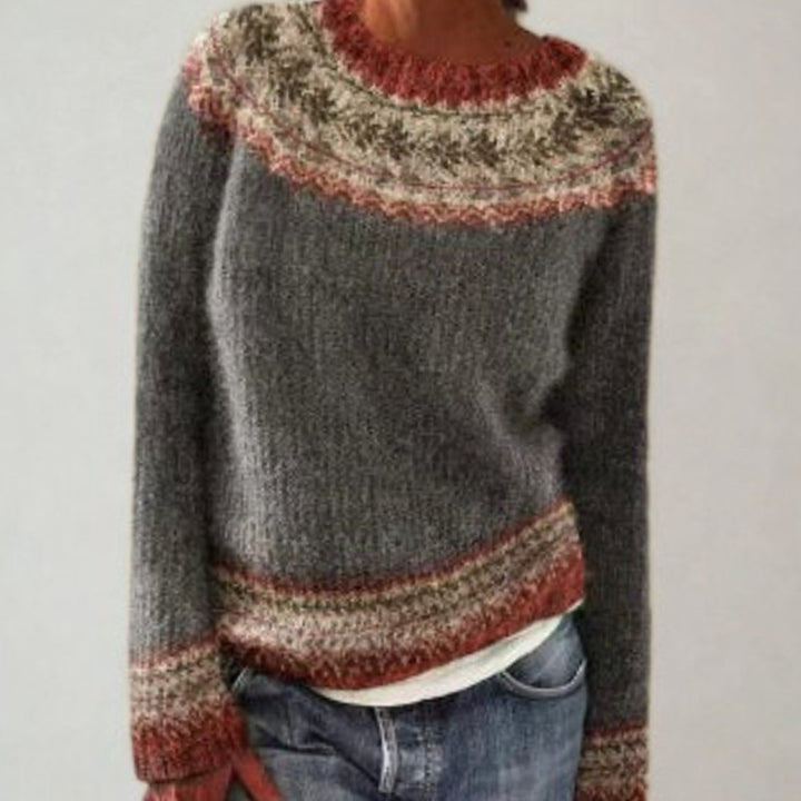 Women's Fair Isle Knit Vintage-Inspired Round-Neck Jumper - Grey