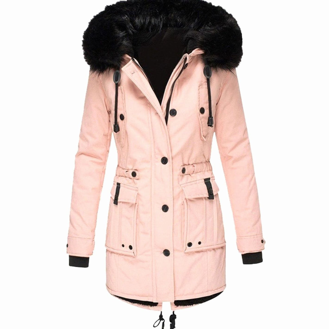 Women's Faux Fur Hood Belted Cotton Winter Parka Coat - Pink