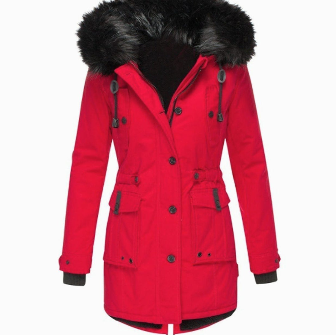 Women's Faux Fur Hood Belted Cotton Winter Parka Coat - Red