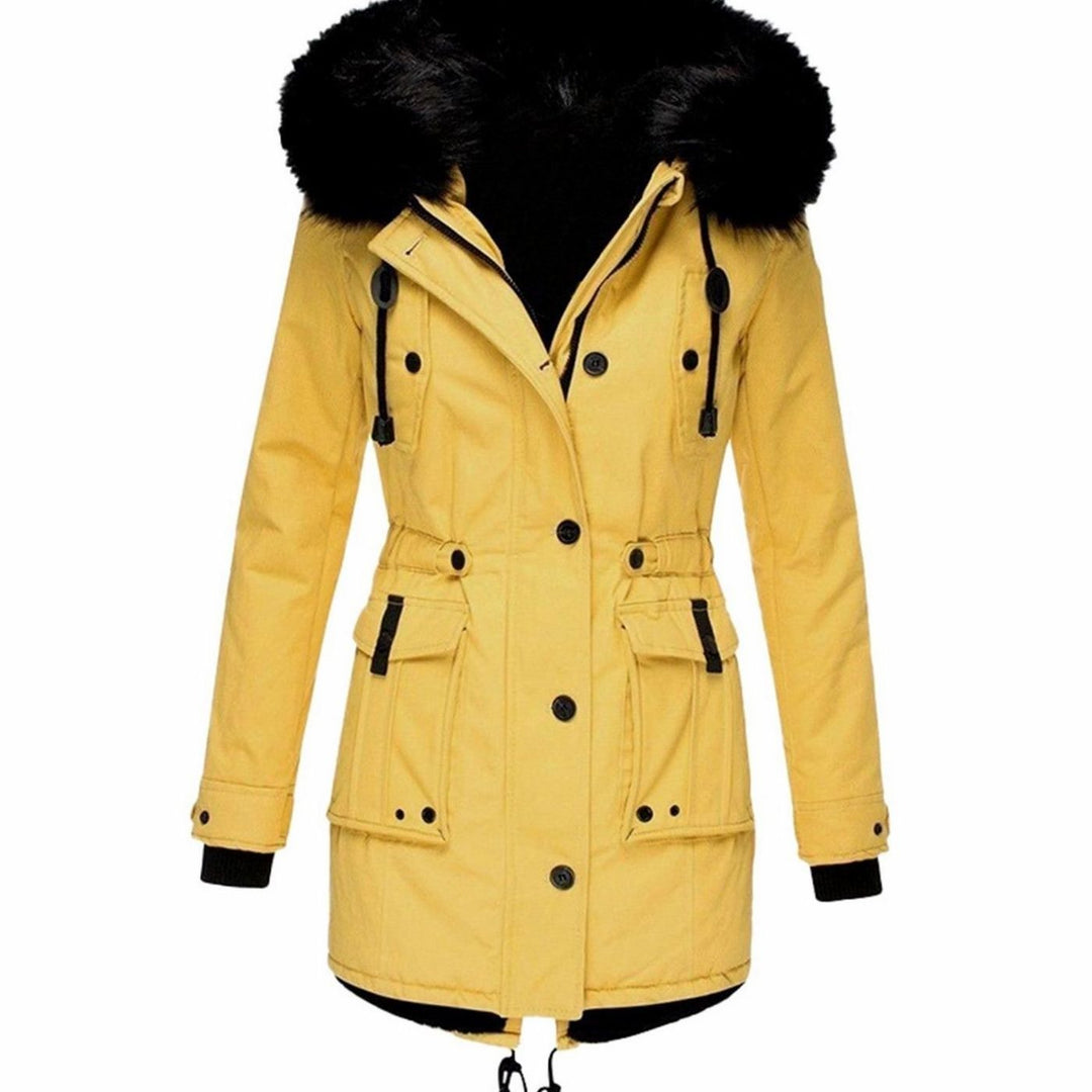 Women's Faux Fur Hood Belted Cotton Winter Parka Coat - Yellow