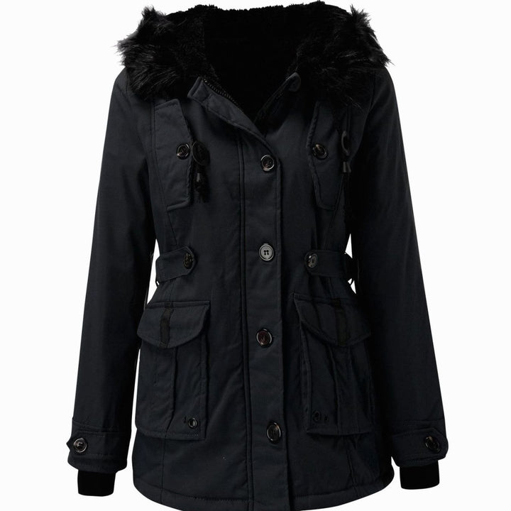 Women's Faux Fur Hood Belted Cotton Winter Parka Coat