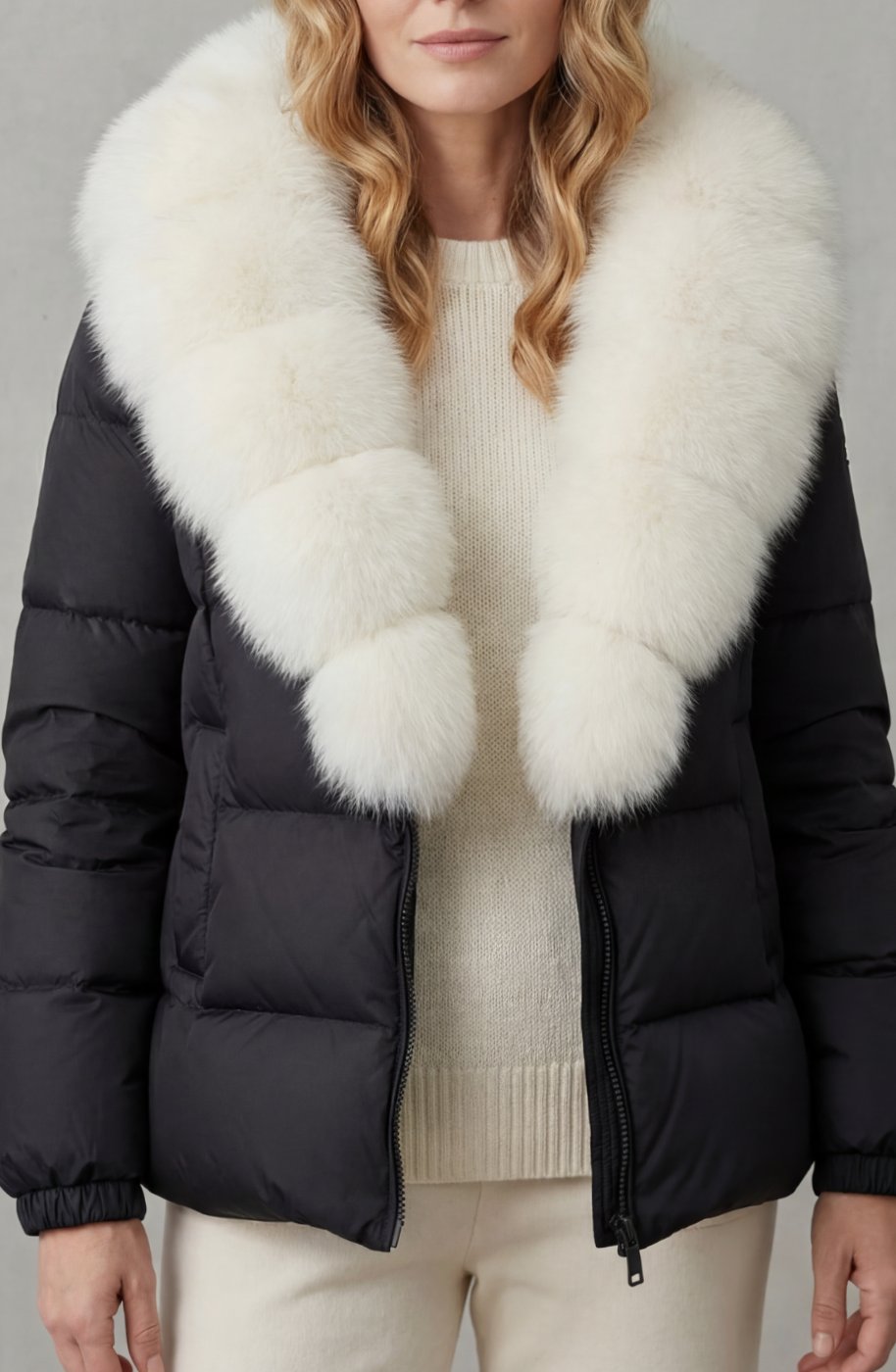 Women's Faux Fur Trim Quilted Puffer Winter Jacket - Black White