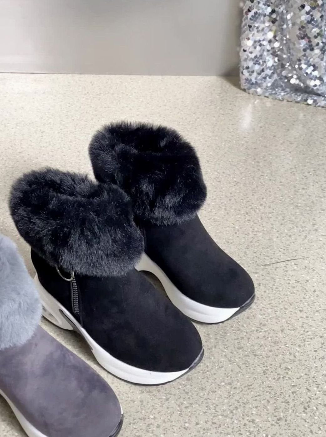 Women's Faux-Fur Trim Wedge Ankle Boots Side Zip