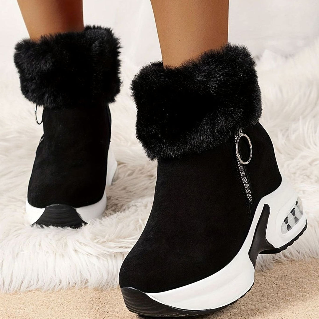 Women's Faux-Fur Trim Wedge Ankle Boots Side Zip - Black