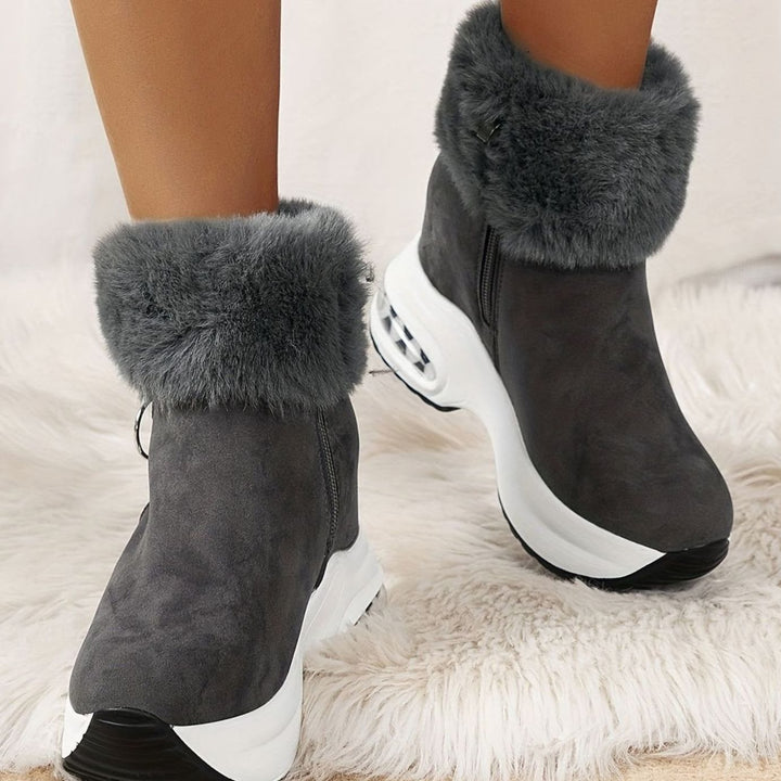 Women's Faux-Fur Trim Wedge Ankle Boots Side Zip - Grey