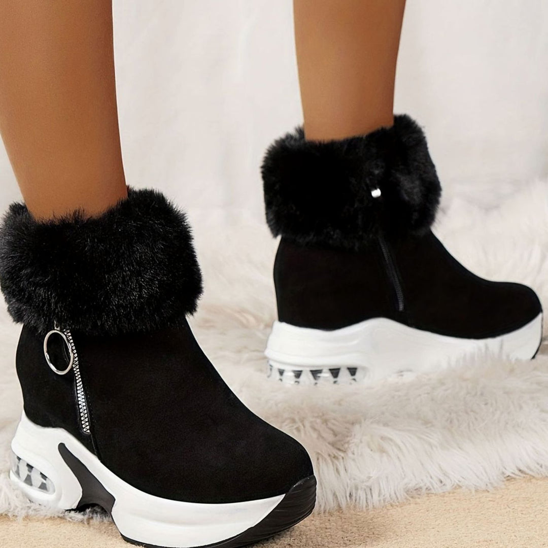 Women's Faux-Fur Trim Wedge Ankle Boots Side Zip