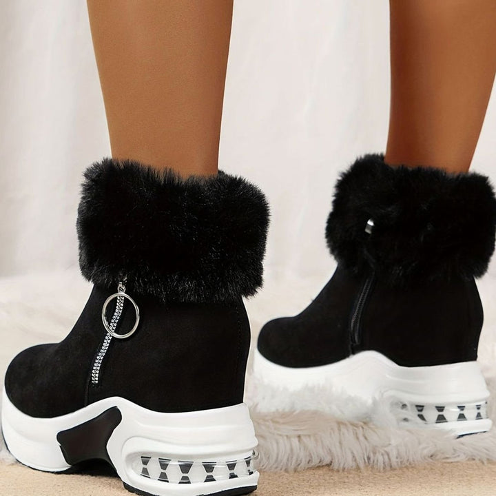 Women's Faux-Fur Trim Wedge Ankle Boots Side Zip