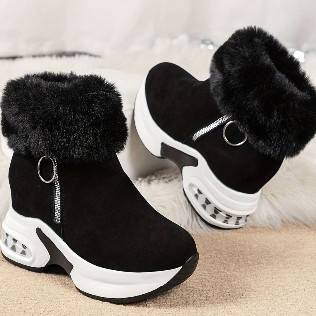 Women's Faux-Fur Trim Wedge Ankle Boots Side Zip